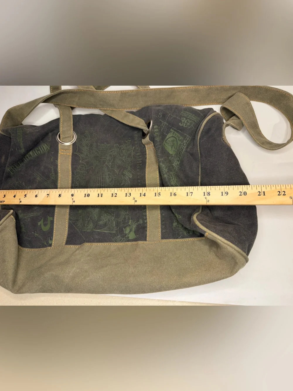 Vtg True Religion Mens TR Canvas Duffle Bag Tan OD Green 20x18x10 like new